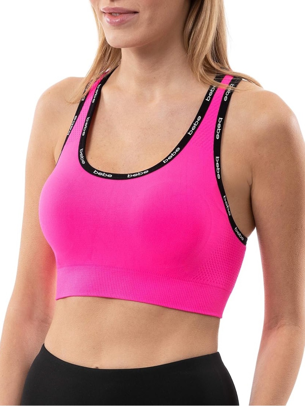 Bebe Sport Scoop Neck Racerback Sports Bra Neon Pink Black Large